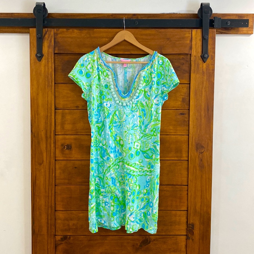 Lilly Pulitzer Harper shift shirt dress XL Pool Blue any fins possible Pom Pom